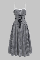 Contrast Plaid Print Tie Front Sleeveless Midi Dress