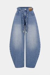 Denim Belted Pocket Wide Leg Jeans