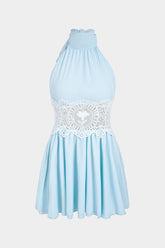 Chiffon Patchwork Lace Halter Neck Tie-Up Backless Cut Out Sleeveless Mini Dress