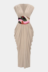 Abstract Print V-Neck Ruched Zipper Sleeveless Maxi Dress
