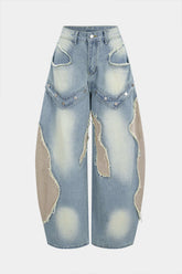 Denim Patchwork Frayed Rivets Barrel Leg Jeans