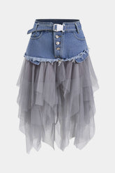 Denim Mesh Patchwork Belted Button Pocket Skirt