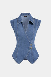 Denim Lapel V-Neck Wrap Buckle Vest