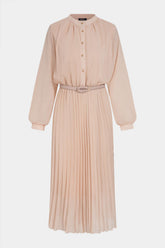 Chiffon Round Neck Belted Pleated Long Sleeve Midi Dress