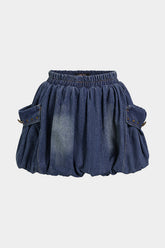 Denim Shirred Waistband Ruched Pocket Mini Skirt