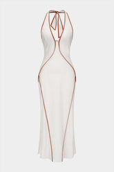 Contrast Binding Halter V-Neck Sleeveless Midi Dress