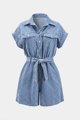 Denim Lapel Belted Pocket Short Sleeve Romper