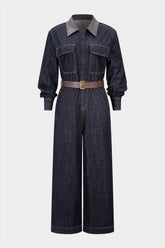 Denim Faux Leather Patchwork Belted Long-Sleeve Jumpsuit