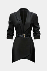 Asymmetrical Notched Lapel Belted Long Sleeve Mini Dress
