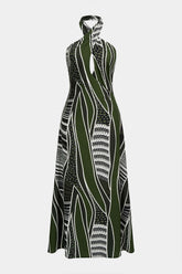 Abstract Print Halter Neck Cut Out Maxi Dress