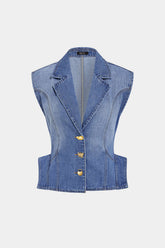 Denim Notched Lapel Metallic Button Vest