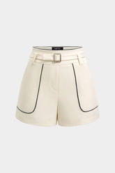 Contrast Binding Belted Zipper Shorts