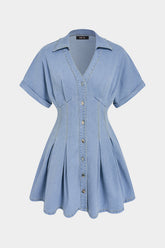 Denim V-Neck Ruched Short Sleeve Mini Dress