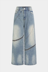Denim Asymmetrical Zipper Pocket Straight Leg Jeans