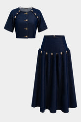 Denim Metallic Button Short Sleeve Top And Tie-Up Skirt Set