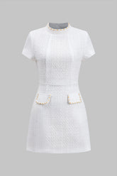 Bead Fake Pocket Zippper Short Sleeve Mini Dress