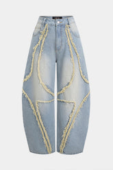 Denim Frayed Pocket Barrel Jeans