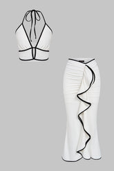 Contrast Trim Cut-Out Halter Neck Tie-Up Top And Asymmetrical Ruched Skirt Set