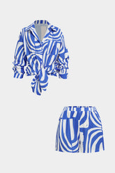 Abstract Print Lapel Long Sleeve Shirt And Shorts Set