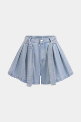Denim Belted High Waist Pleated Wide Leg Shorts
