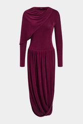 Asymmetrical Ruched Round Neck Long Sleeve Maxi Dress
