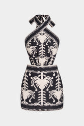 Coconut Palm Print Linen Crossed Tie-Up Sleeveless Mini Dress