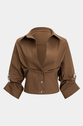 Button Ruched Short-Sleeve Shirt