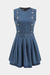 Denim Pleated Button Zipper Sleeveless Mini Dress