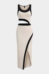 Contrast Print Cut Out Sleeveless Midi Dress