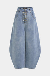 Denim Metallic Buckle Wide Leg Jeans