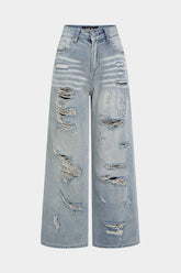 Denim Asymmetrical Ripped High Waist Straight Leg Jeans