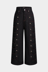 Denim Pocket Button Metallic Straight Leg Jeans