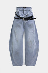 Denim Belted Frayed High Waist Zipper Wide Leg Jeans