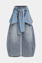 Denim Plaid Print Tie-Up Pocket High Waist Jeans