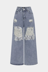 Denim Patchwork Lace Cut Out Frayed Wide Leg Jeans