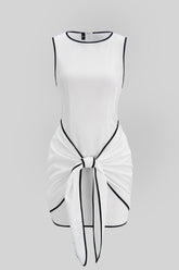 Contrast Binding Round Neck Tie Front Sleeveless Mini Dress