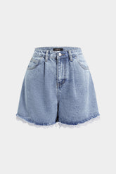 Denim Patchwork Lace Trim High Waist Wide Leg Shorts