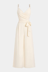 Crossed V-Neck Tie Front Metallic Chain Sleeveless Jumpsuit