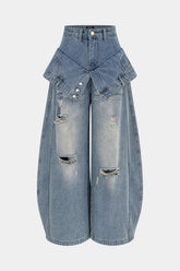 Denim Double Waistband Asymmetrical Ripped Wide Leg Jeans