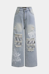 Denim Patchwork Lace Ripped High Waist Wide Leg Jeans