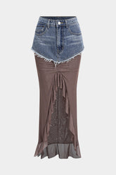 Denim Mesh Patchwork Frayed Ruched Ruffle Slit Skirt