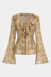 Abstract Print Ruffle Neck Long-Sleeve Shirt