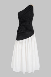 Contrast One Shoulder Metallic Ruched Sleeveless Maxi Dress