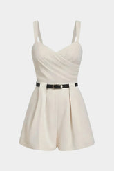 Crossed Ruched Belted Sleeveless Romper