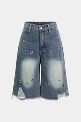 Denim Frayed Eyelet Wide Leg Shorts
