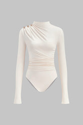 Asymmetrical Button Ruched Long Sleeve Bodysuit