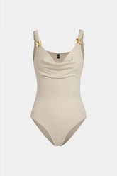 Draped Cowl Neck Braided Metallic Sleeveless Bodysuit