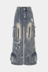 Denim Graffiti Print Ziper Pocket Straight Leg Jeans