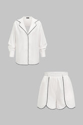 Contrast Binding Notched Lapel Long Sleeve Top And Shorts Set
