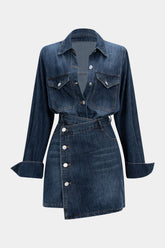 Denim Button Long-Sleeve Top And High Waist Mini Skirt Set